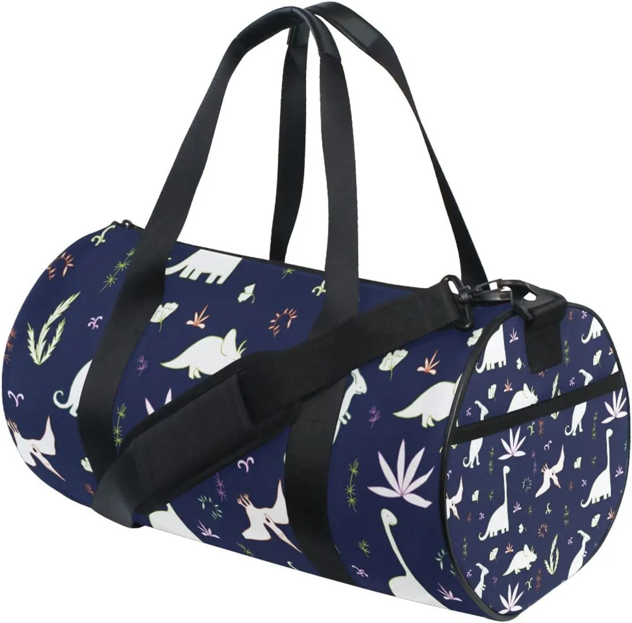 Seamless White Fern leaves, Bushes and Dinosaurs on Dark Portable Gym Bag, Travel Bag, Luggage bag, Sports Bag, Toiletry Bag with Handles, Detachable Shoulder Strap 17.6 x 9 x 9 inch