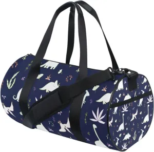 Seamless White Fern leaves, Bushes and Dinosaurs on Dark Portable Gym Bag, Travel Bag, Luggage bag, Sports Bag, Toiletry Bag with Handles, Detachable Shoulder Strap 17.6 x 9 x 9 inch