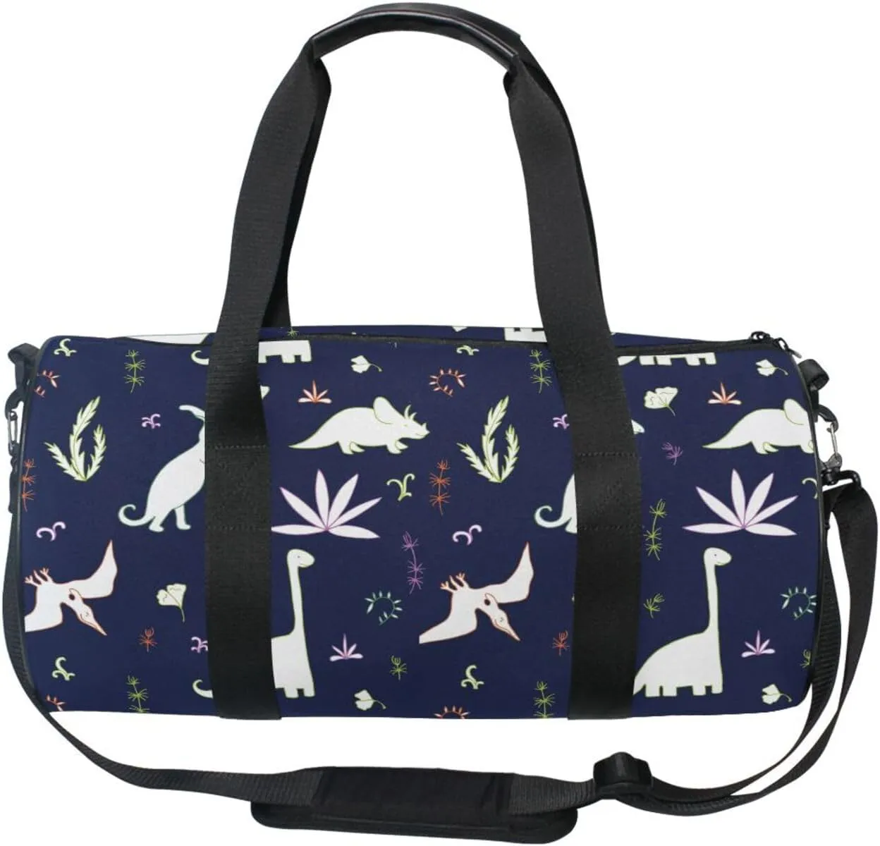 Seamless White Fern leaves, Bushes and Dinosaurs on Dark Portable Gym Bag, Travel Bag, Luggage bag, Sports Bag, Toiletry Bag with Handles, Detachable Shoulder Strap 17.6 x 9 x 9 inch