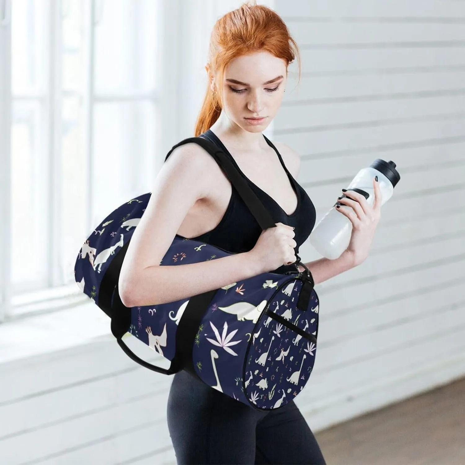 Seamless White Fern leaves, Bushes and Dinosaurs on Dark Portable Gym Bag, Travel Bag, Luggage bag, Sports Bag, Toiletry Bag with Handles, Detachable Shoulder Strap 17.6 x 9 x 9 inch