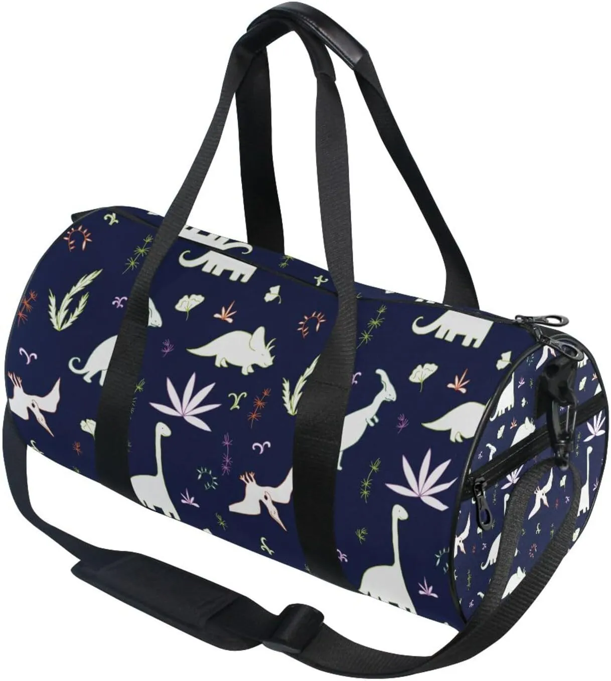 Seamless White Fern leaves, Bushes and Dinosaurs on Dark Portable Gym Bag, Travel Bag, Luggage bag, Sports Bag, Toiletry Bag with Handles, Detachable Shoulder Strap 17.6 x 9 x 9 inch
