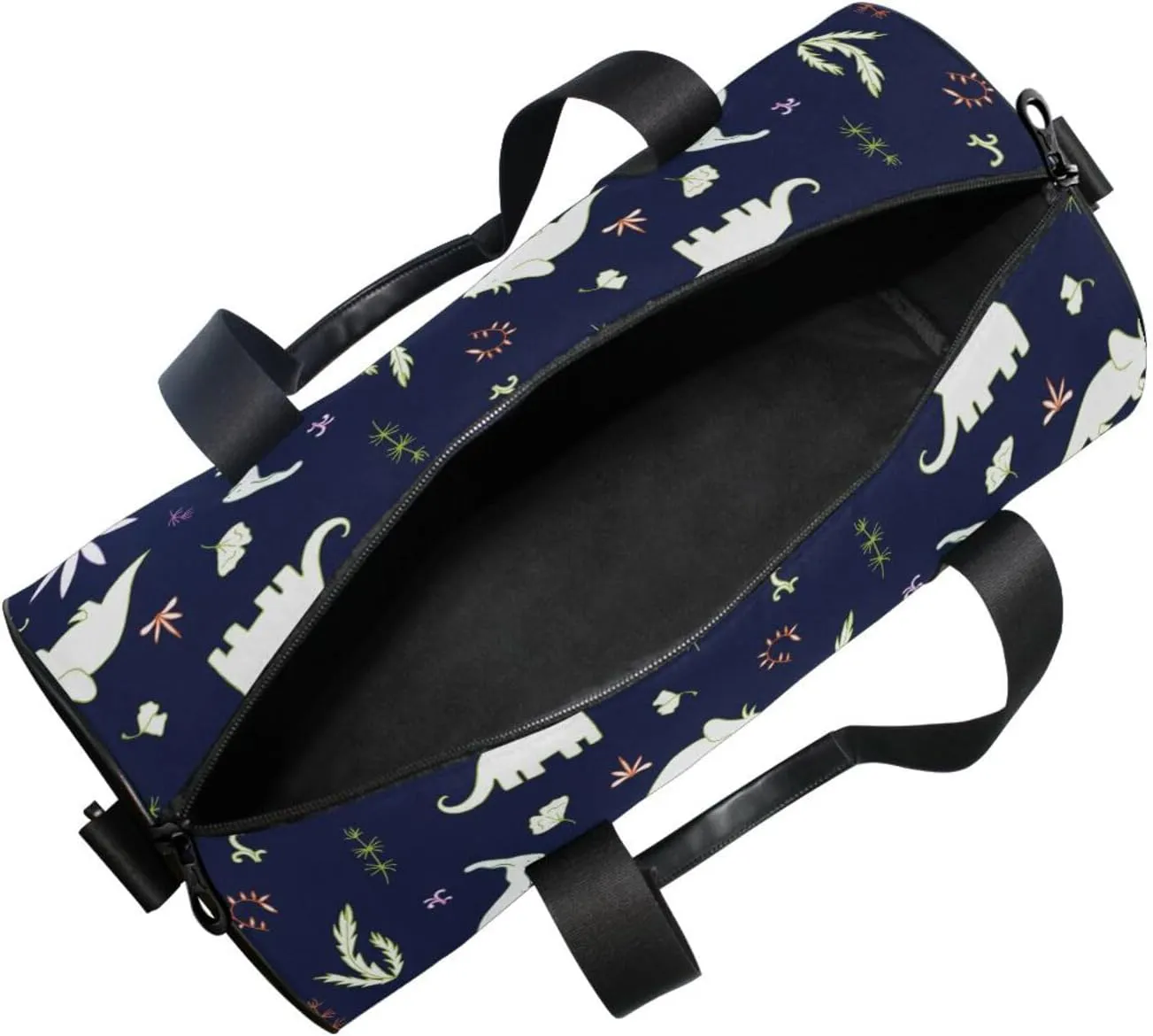 Seamless White Fern leaves, Bushes and Dinosaurs on Dark Portable Gym Bag, Travel Bag, Luggage bag, Sports Bag, Toiletry Bag with Handles, Detachable Shoulder Strap 17.6 x 9 x 9 inch