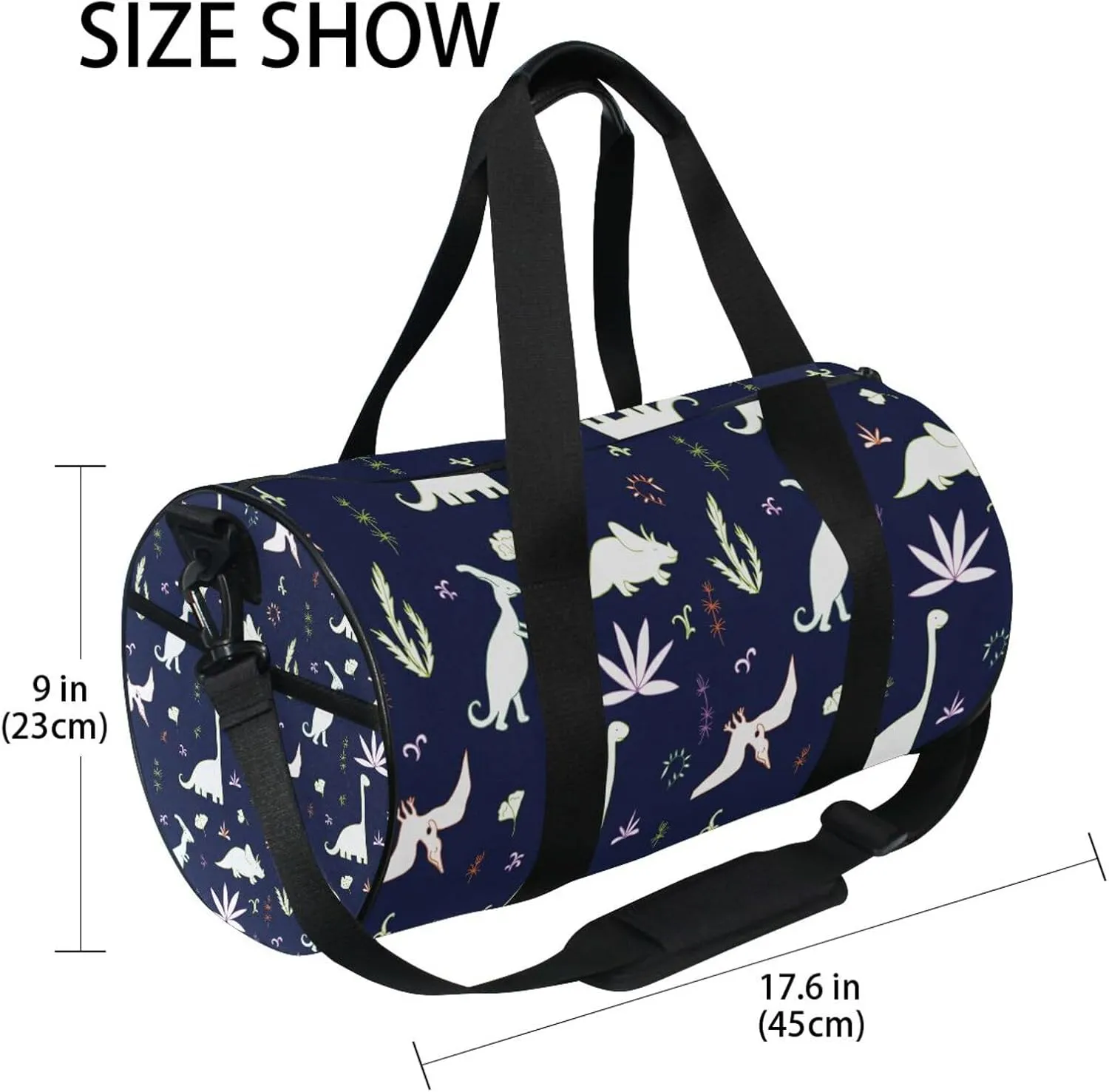 Seamless White Fern leaves, Bushes and Dinosaurs on Dark Portable Gym Bag, Travel Bag, Luggage bag, Sports Bag, Toiletry Bag with Handles, Detachable Shoulder Strap 17.6 x 9 x 9 inch