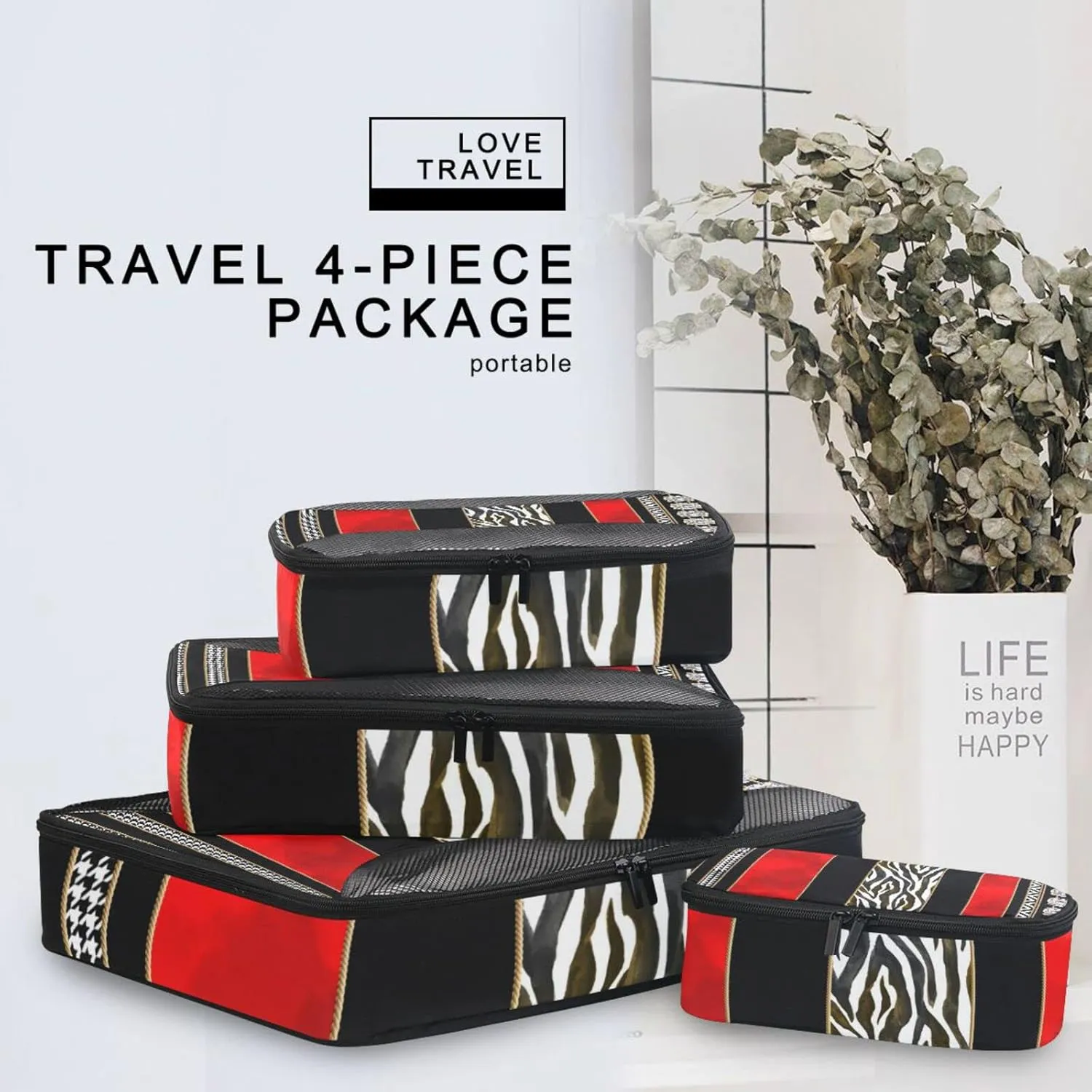 Seamless Zebra Diamonds Black Red Vertical Stripes 4 PCs Set Packing Bags, Luggage Organizer Bag, Portable Cube Toiletry bag, Durable Travel Cosmetic Storage Bag for Men Women