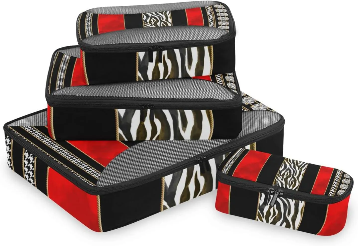 Seamless Zebra Diamonds Black Red Vertical Stripes 4 PCs Set Packing Bags, Luggage Organizer Bag, Portable Cube Toiletry bag, Durable Travel Cosmetic Storage Bag for Men Women