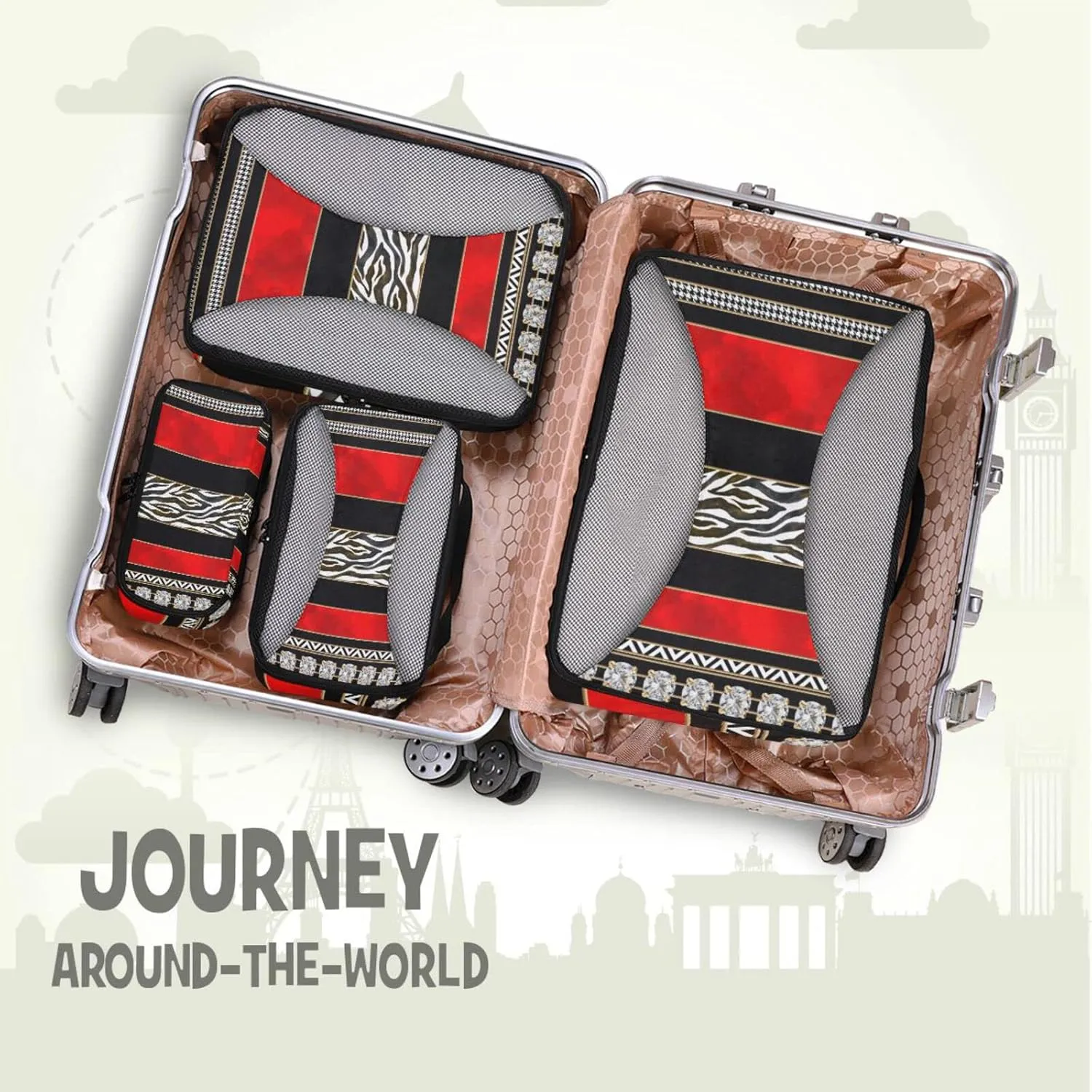 Seamless Zebra Diamonds Black Red Vertical Stripes 4 PCs Set Packing Bags, Luggage Organizer Bag, Portable Cube Toiletry bag, Durable Travel Cosmetic Storage Bag for Men Women