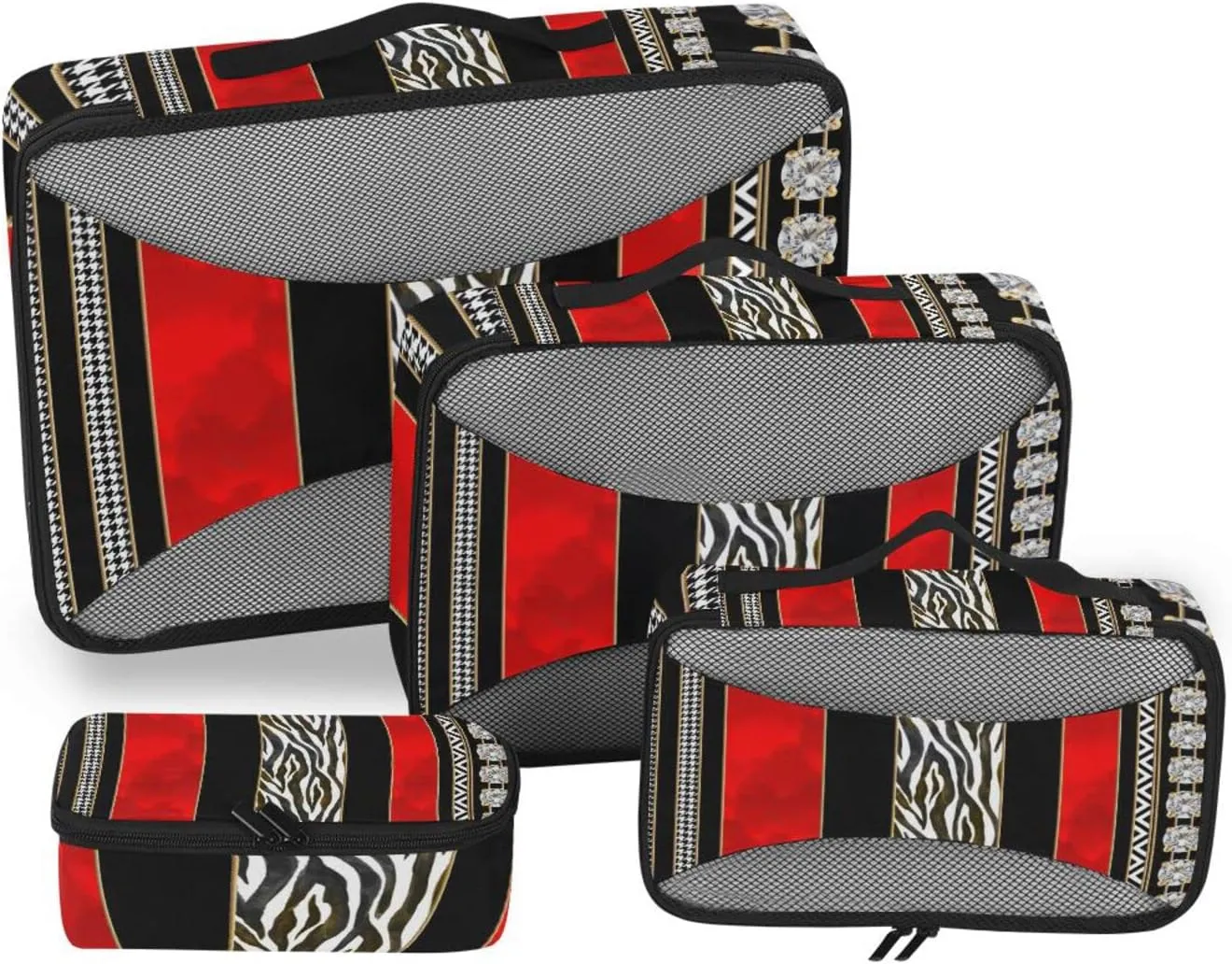 Seamless Zebra Diamonds Black Red Vertical Stripes 4 PCs Set Packing Bags, Luggage Organizer Bag, Portable Cube Toiletry bag, Durable Travel Cosmetic Storage Bag for Men Women