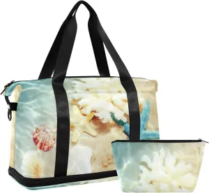 Seashell Starfishes on the Summer Beach with Turquoise Water Foldable Travel Bag, Camping Luggage bag, Portable Gym Bag, Sports Bag, Toiletry Bag with Handles Adjustable Shoulder Strap