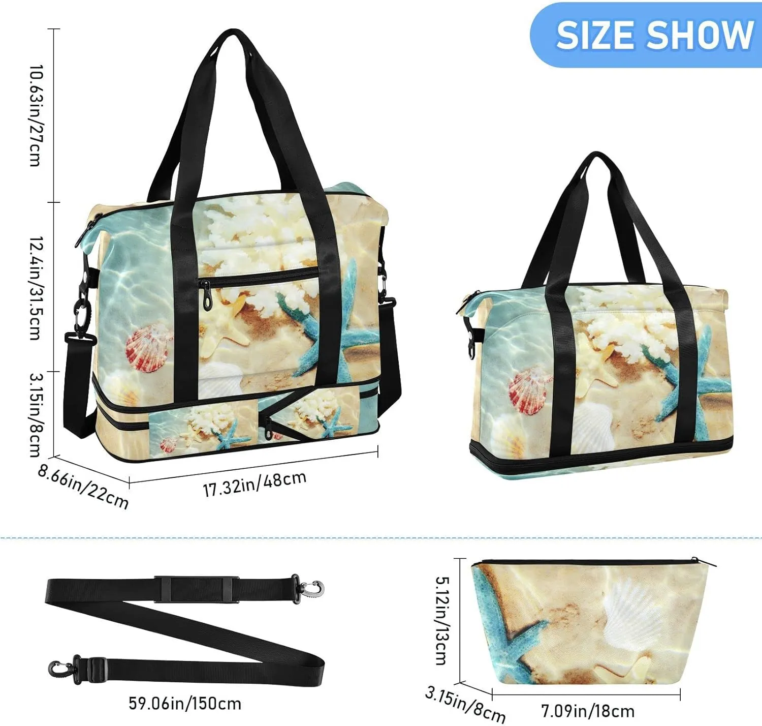 Seashell Starfishes on the Summer Beach with Turquoise Water Foldable Travel Bag, Camping Luggage bag, Portable Gym Bag, Sports Bag, Toiletry Bag with Handles Adjustable Shoulder Strap