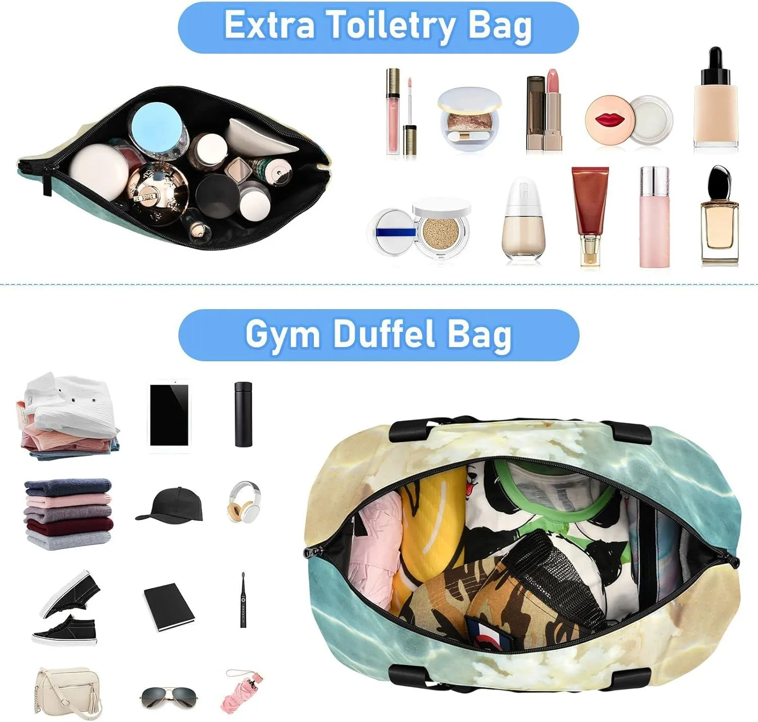 Seashell Starfishes on the Summer Beach with Turquoise Water Foldable Travel Bag, Camping Luggage bag, Portable Gym Bag, Sports Bag, Toiletry Bag with Handles Adjustable Shoulder Strap