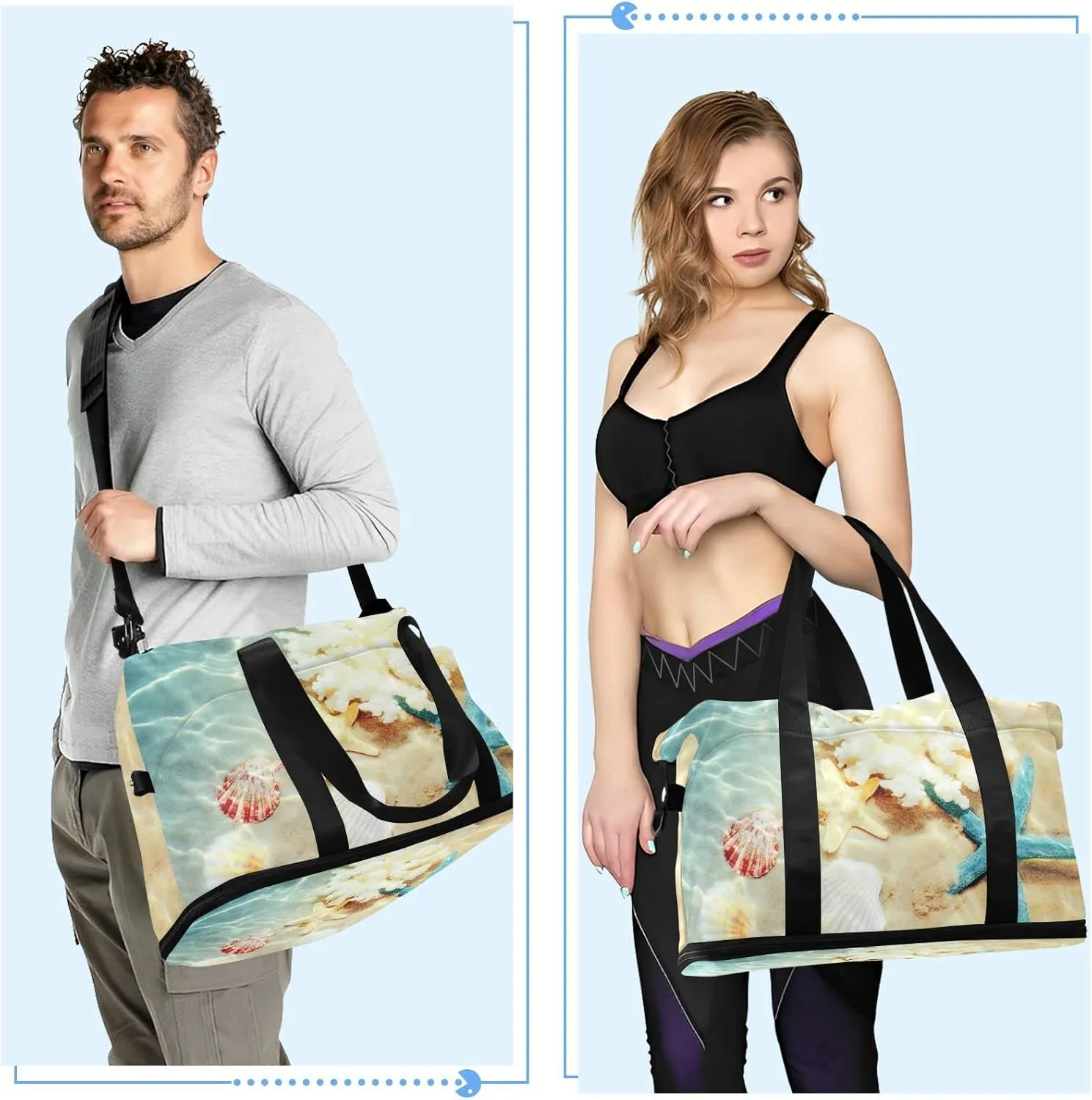 Seashell Starfishes on the Summer Beach with Turquoise Water Foldable Travel Bag, Camping Luggage bag, Portable Gym Bag, Sports Bag, Toiletry Bag with Handles Adjustable Shoulder Strap