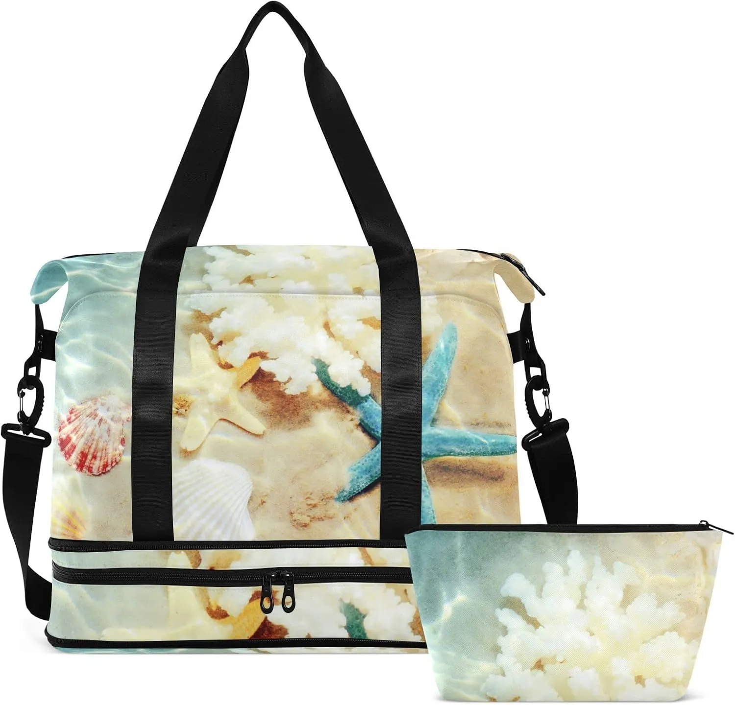 Seashell Starfishes on the Summer Beach with Turquoise Water Foldable Travel Bag, Camping Luggage bag, Portable Gym Bag, Sports Bag, Toiletry Bag with Handles Adjustable Shoulder Strap