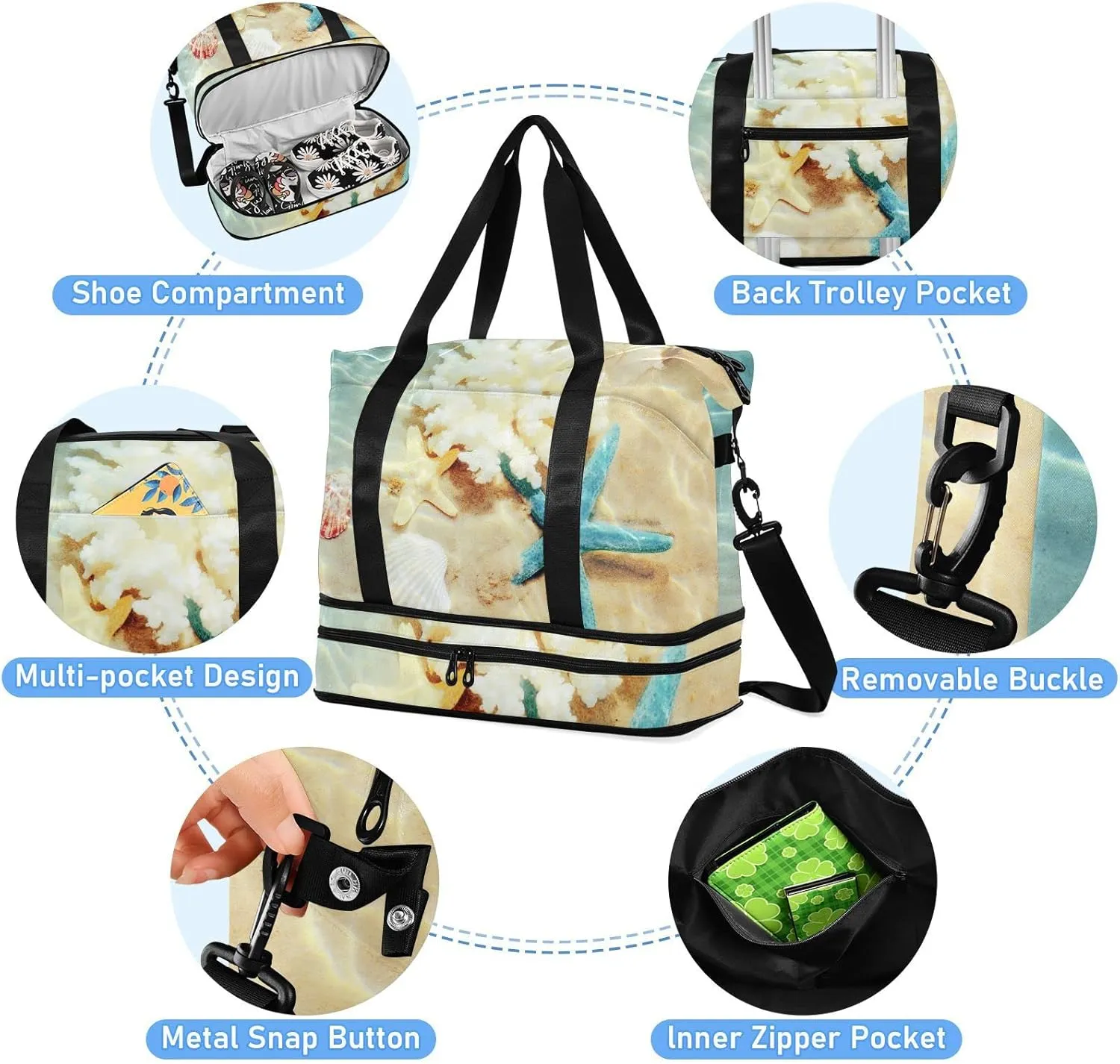 Seashell Starfishes on the Summer Beach with Turquoise Water Foldable Travel Bag, Camping Luggage bag, Portable Gym Bag, Sports Bag, Toiletry Bag with Handles Adjustable Shoulder Strap