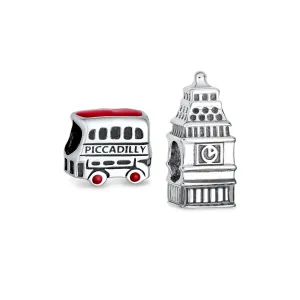 Set of 2 London Big Ben and Double Decker Bus Charm Bead Sterling Silver