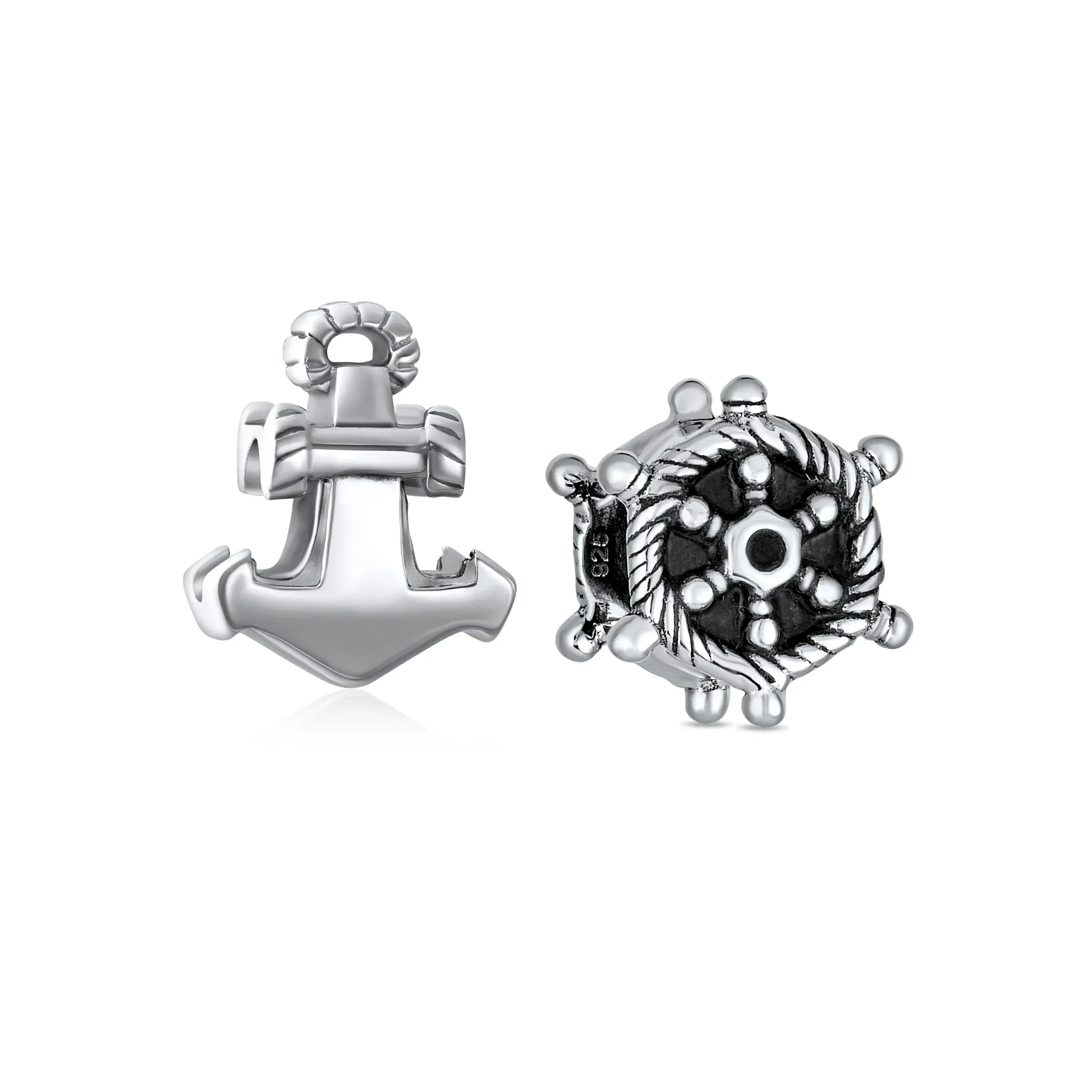 Set of 2 Nautical Boat Ship Wheel and Anchor Rope Charm Bead Sterling Silver