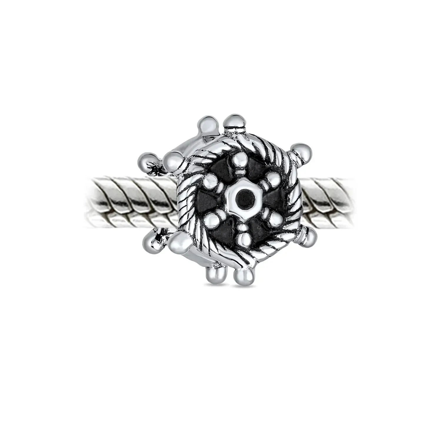 Set of 2 Nautical Boat Ship Wheel and Anchor Rope Charm Bead Sterling Silver