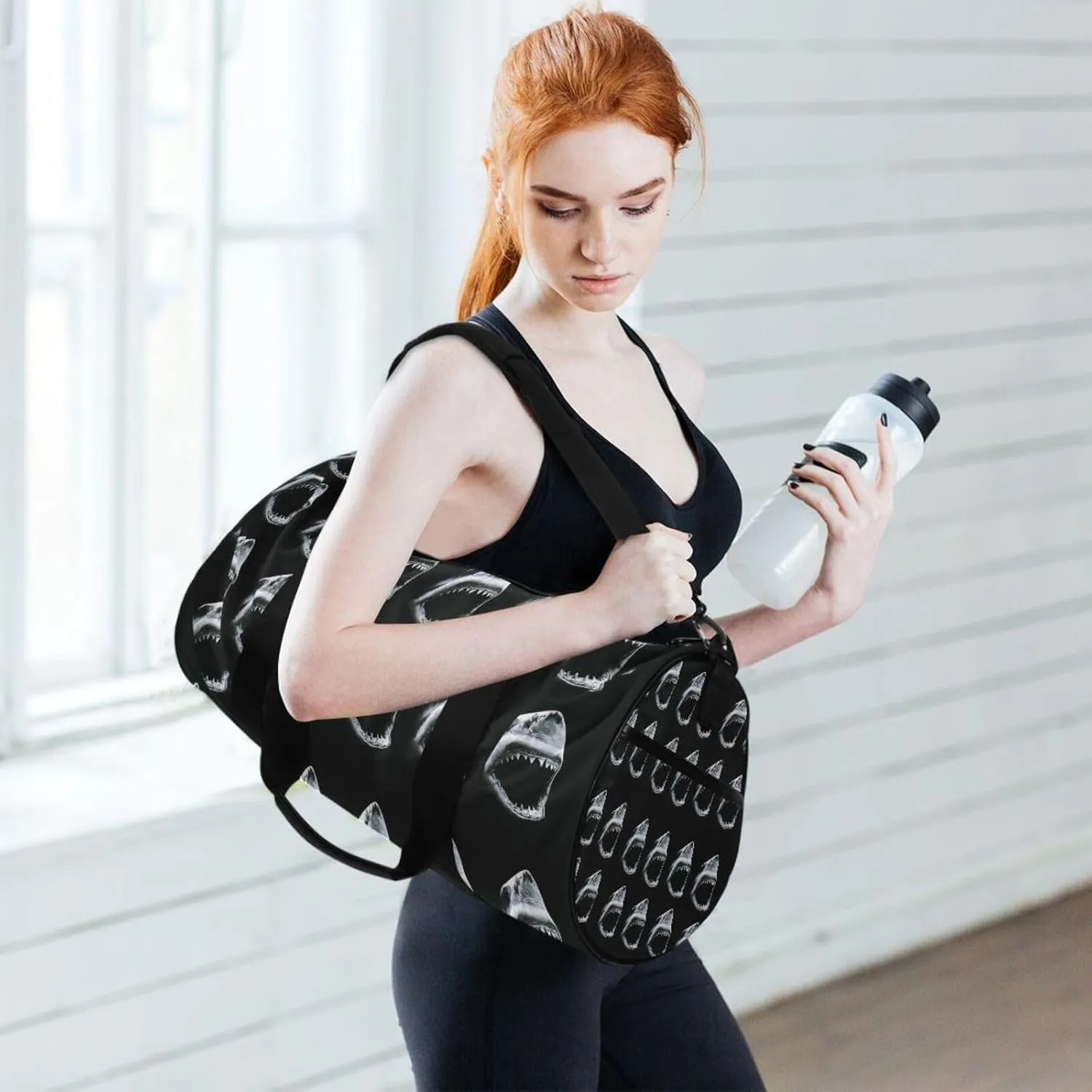 Shadow Black Shark with Mouth Open and teeth Retro Old on Dark Portable Gym Bag, Travel Bag, Luggage bag, Sports Bag, Toiletry Bag with Handles, Detachable Shoulder Strap 17.6 x 9 x 9 inch
