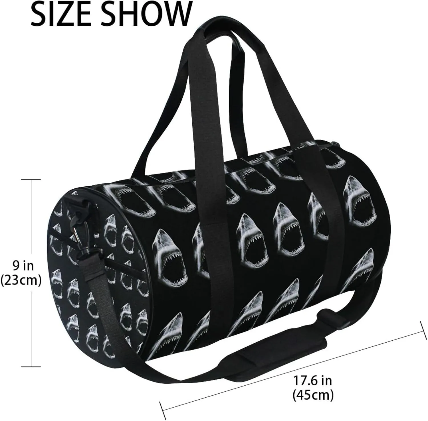 Shadow Black Shark with Mouth Open and teeth Retro Old on Dark Portable Gym Bag, Travel Bag, Luggage bag, Sports Bag, Toiletry Bag with Handles, Detachable Shoulder Strap 17.6 x 9 x 9 inch