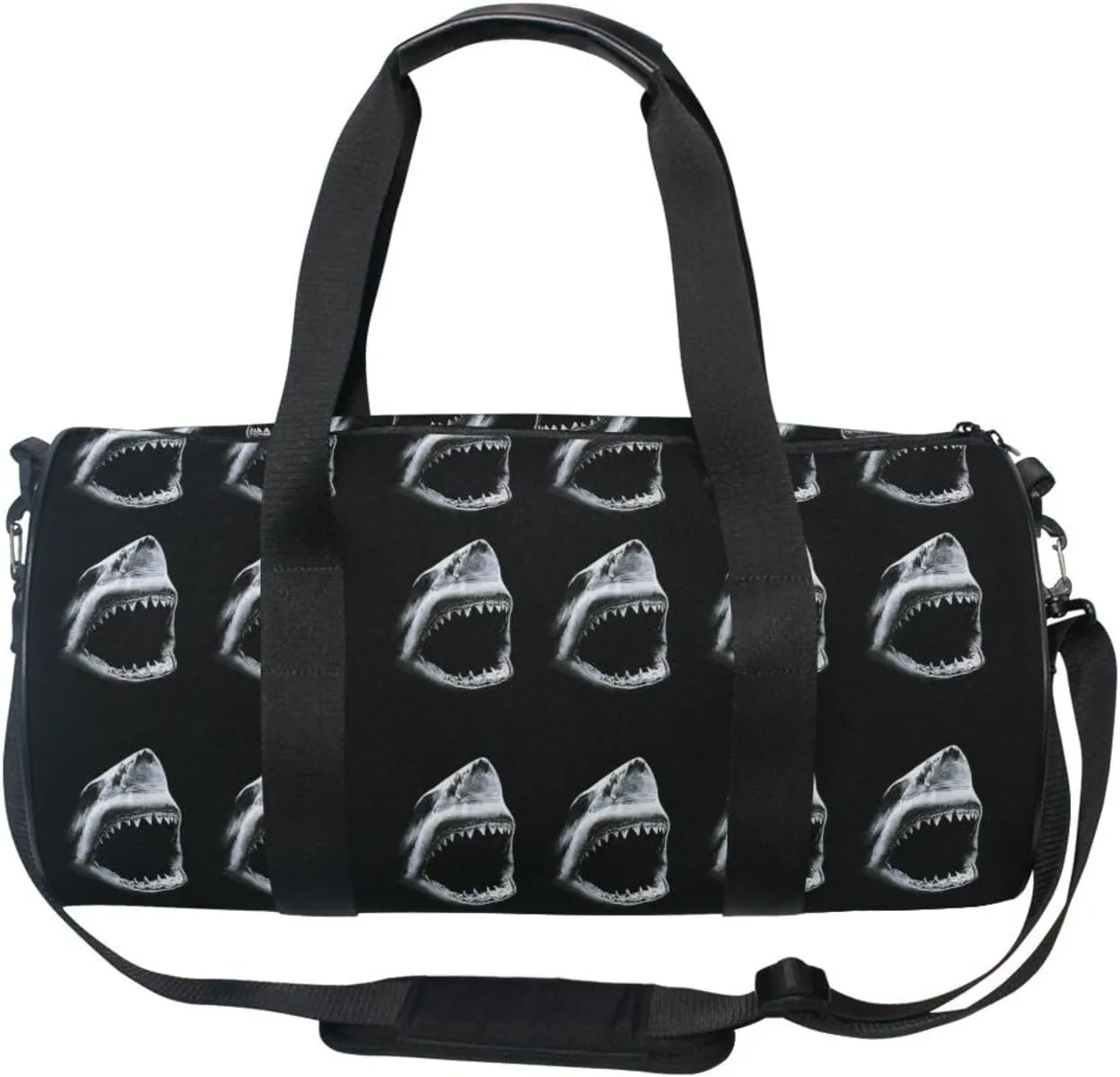 Shadow Black Shark with Mouth Open and teeth Retro Old on Dark Portable Gym Bag, Travel Bag, Luggage bag, Sports Bag, Toiletry Bag with Handles, Detachable Shoulder Strap 17.6 x 9 x 9 inch