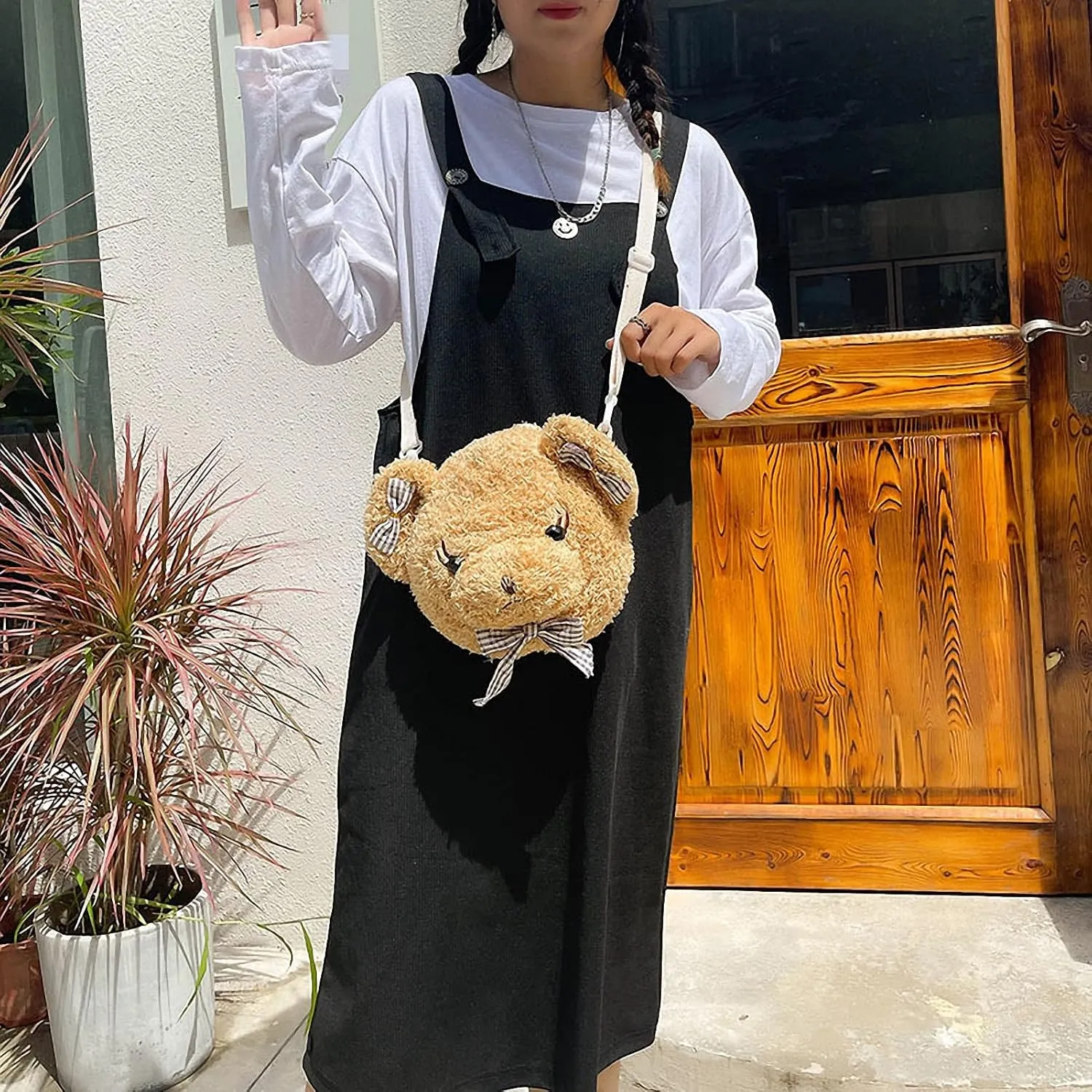 Shoulder Bag Cartoon Faux Fur Teddy Bear Head Handbag for Women Cute Bag Lovely Crossbody Plush Purse