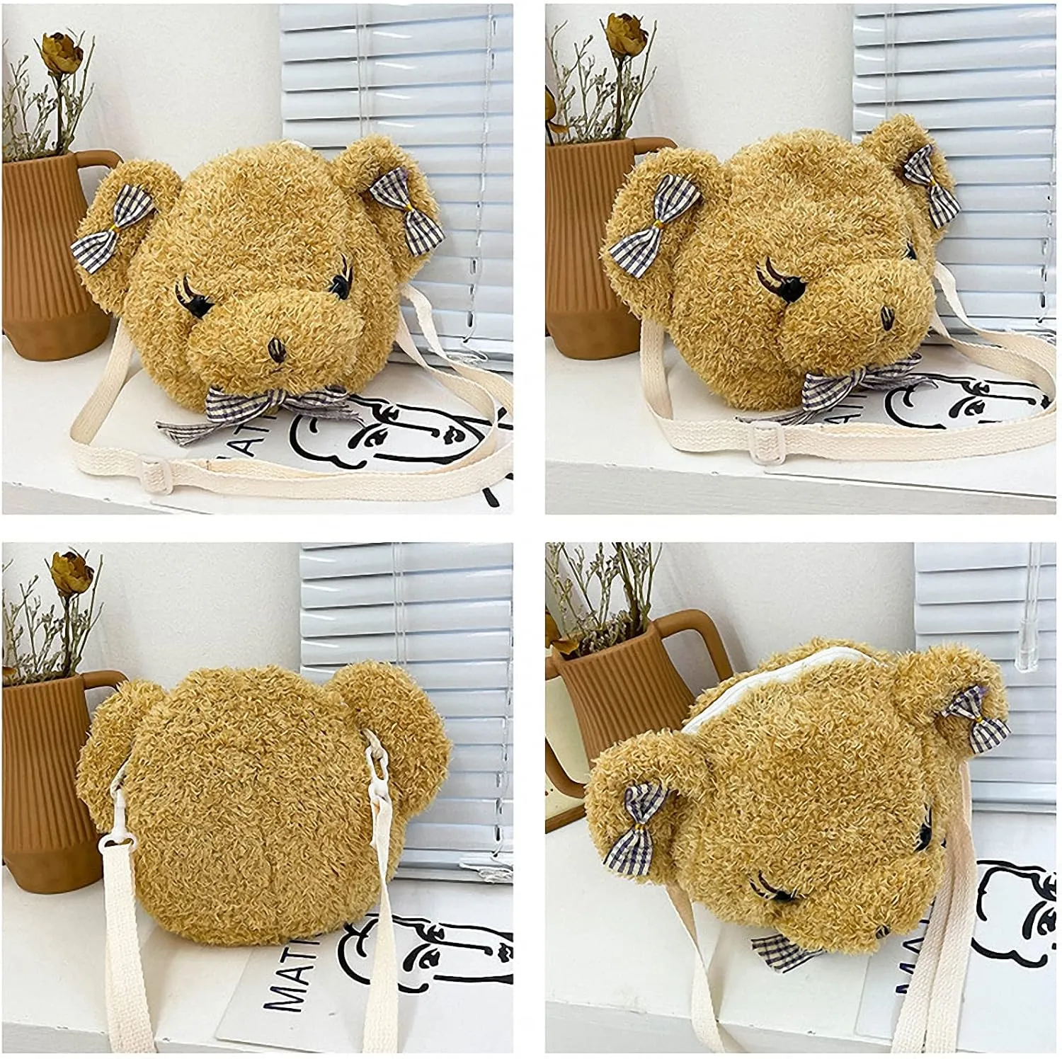 Shoulder Bag Cartoon Faux Fur Teddy Bear Head Handbag for Women Cute Bag Lovely Crossbody Plush Purse