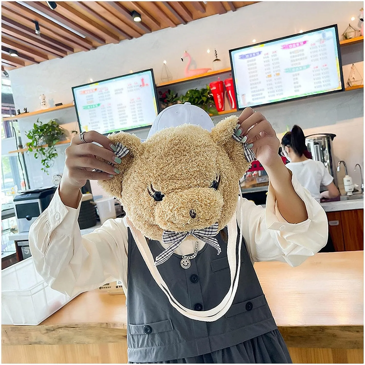 Shoulder Bag Cartoon Faux Fur Teddy Bear Head Handbag for Women Cute Bag Lovely Crossbody Plush Purse