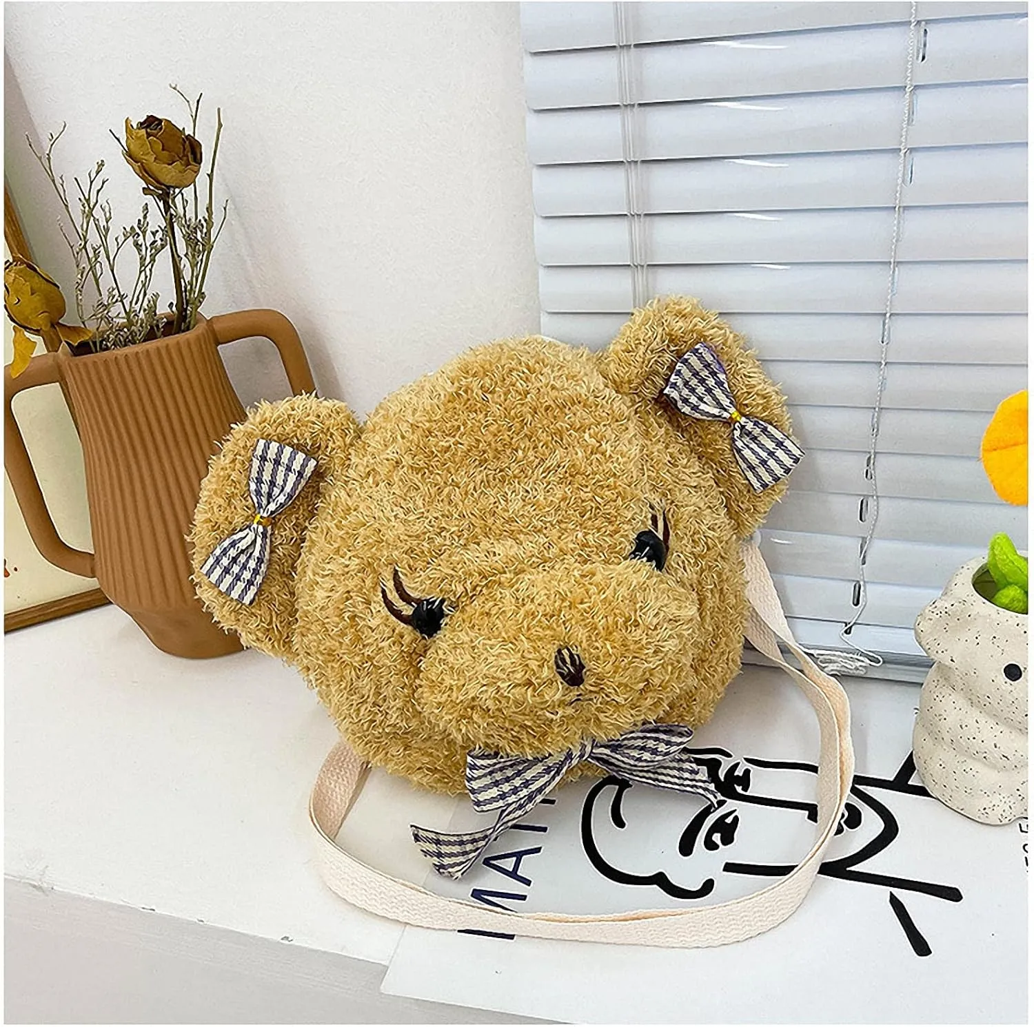 Shoulder Bag Cartoon Faux Fur Teddy Bear Head Handbag for Women Cute Bag Lovely Crossbody Plush Purse