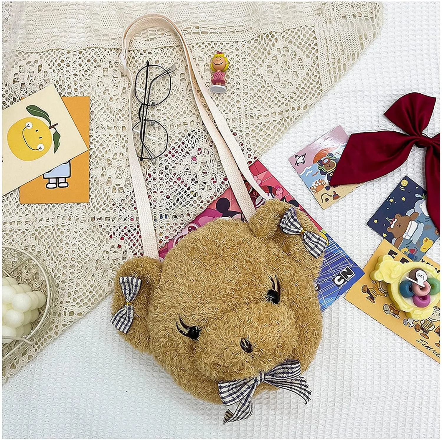 Shoulder Bag Cartoon Faux Fur Teddy Bear Head Handbag for Women Cute Bag Lovely Crossbody Plush Purse