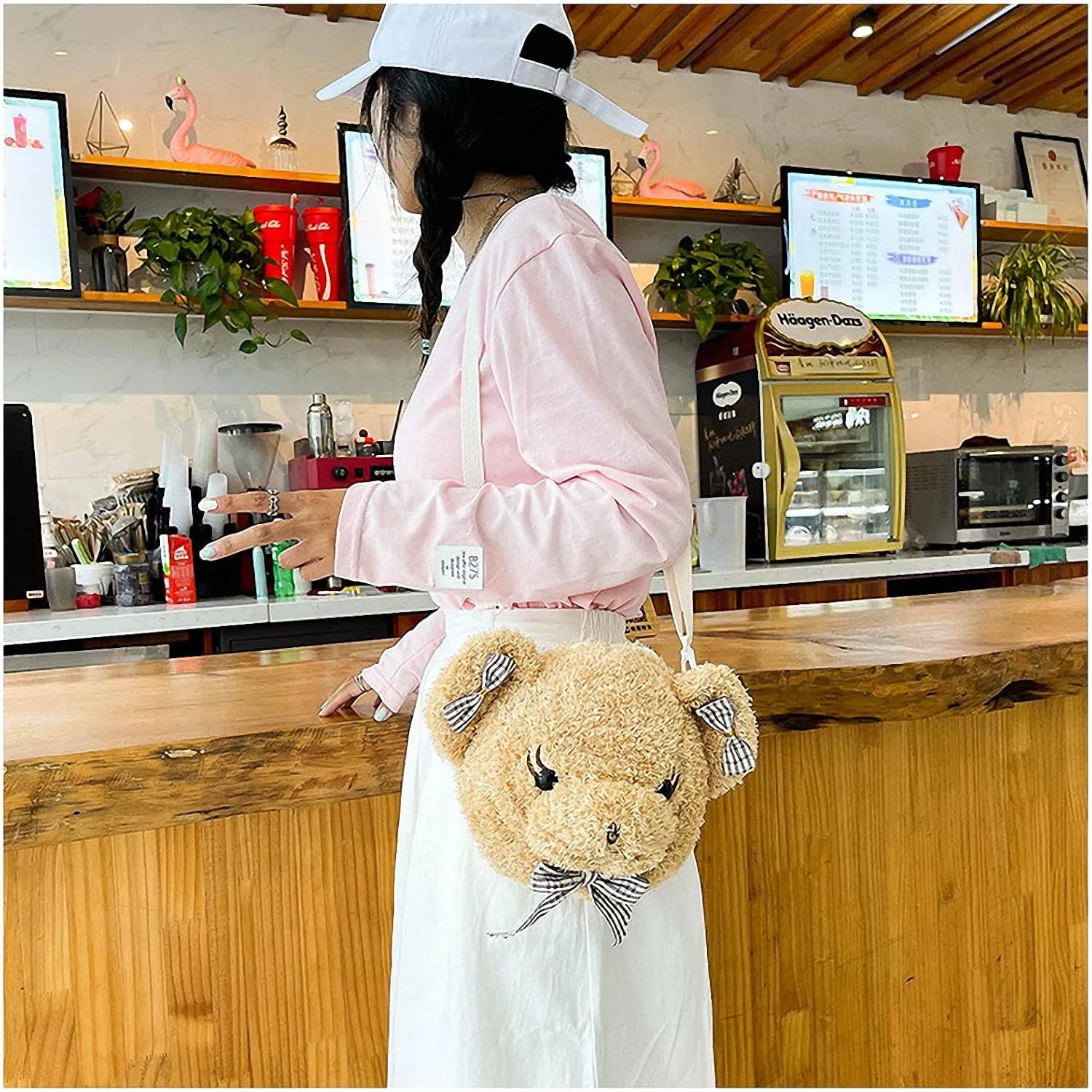 Shoulder Bag Cartoon Faux Fur Teddy Bear Head Handbag for Women Cute Bag Lovely Crossbody Plush Purse