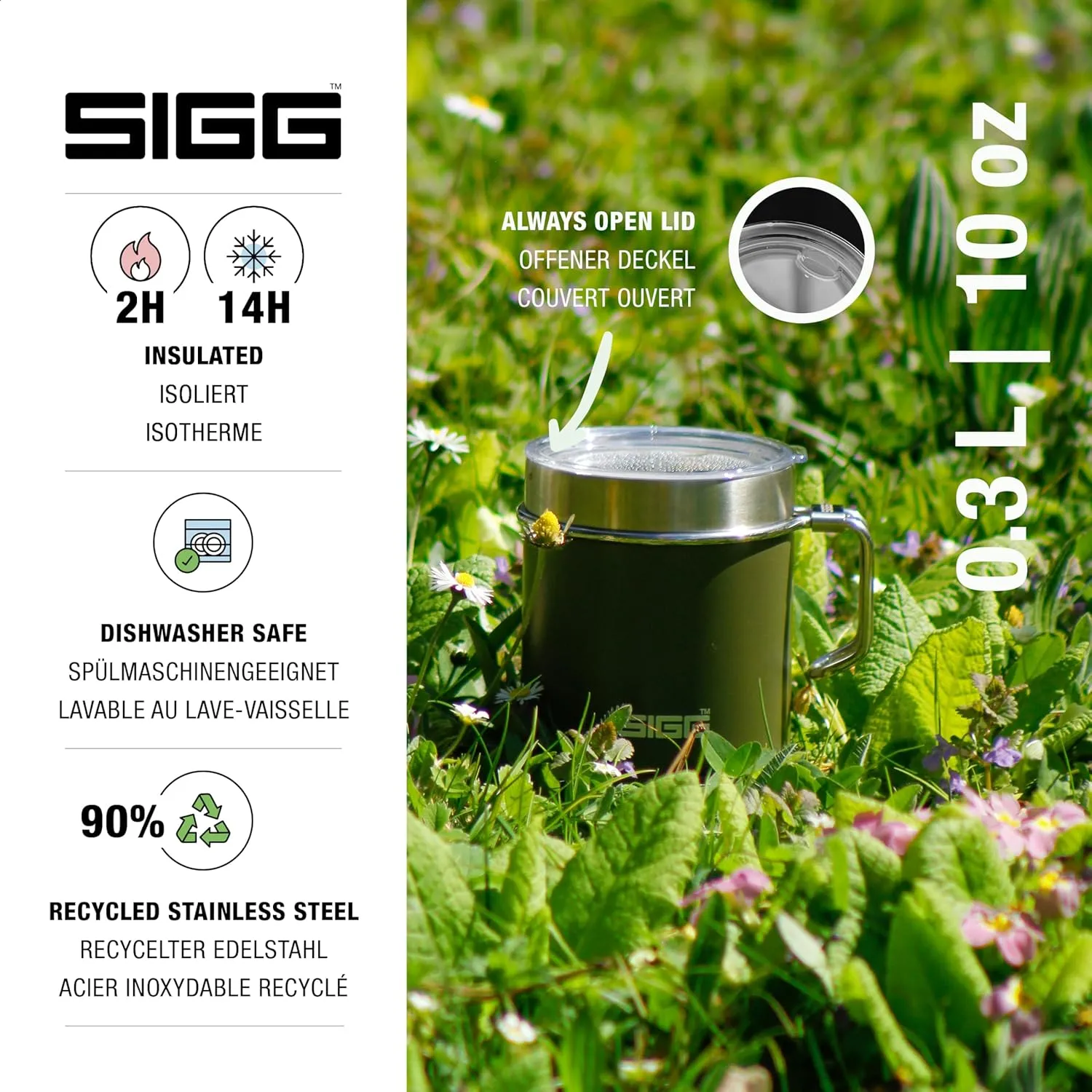 SIGG - Camping Mug with Lid - Double-Wall Insulated - Recycled Stainless Steel - Stackable - Hook Handle - Hiking, 10Oz