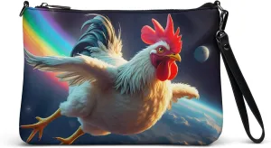 Silly Space Chicken Crossbody Purse, Rainbow Rooster Wristlet, Funny Animal Faux Leather Shoulder Bag Fashion Accessory