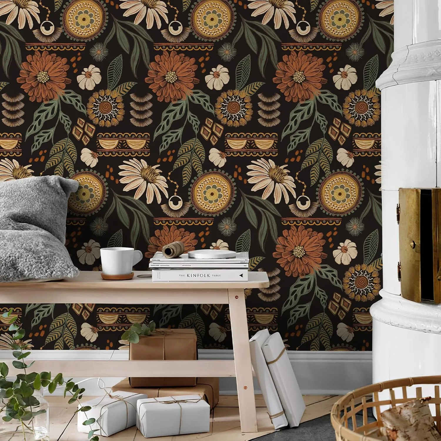 Simon&Siff Boho Wallpaper Peel and Stick, 17.3'' x 240" Sun Floral Retro Removable Contact Paper Dark Botanical Flowers Wall Mural for Decorative Bedroom Bathroom Home Wall