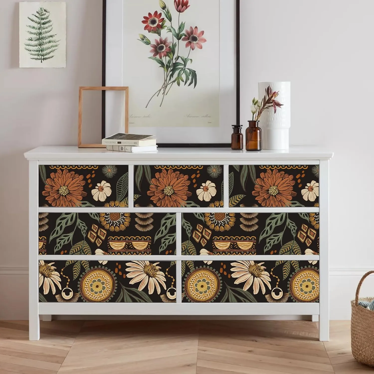 Simon&Siff Boho Wallpaper Peel and Stick, 17.3'' x 240" Sun Floral Retro Removable Contact Paper Dark Botanical Flowers Wall Mural for Decorative Bedroom Bathroom Home Wall