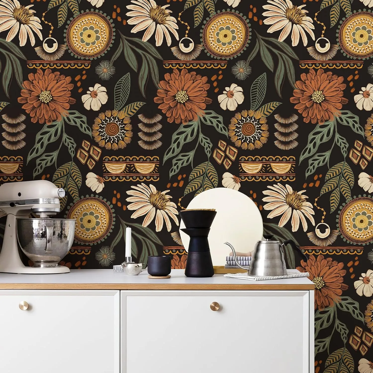 Simon&Siff Boho Wallpaper Peel and Stick, 17.3'' x 240" Sun Floral Retro Removable Contact Paper Dark Botanical Flowers Wall Mural for Decorative Bedroom Bathroom Home Wall