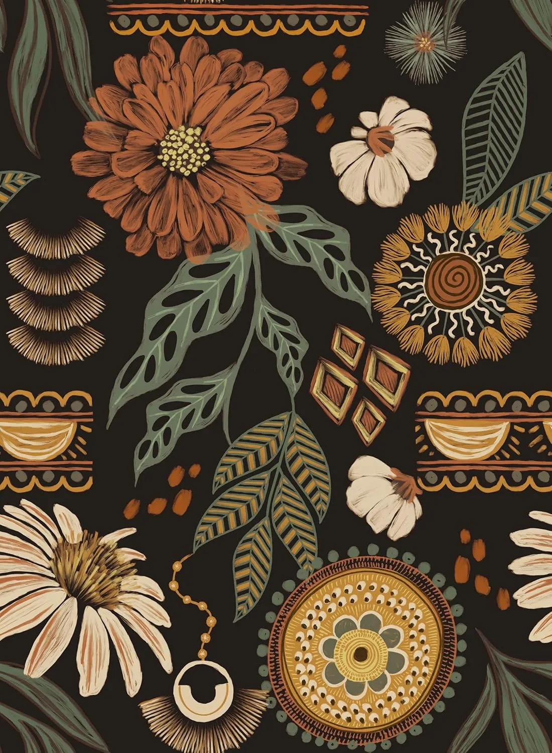 Simon&Siff Boho Wallpaper Peel and Stick, 17.3'' x 240" Sun Floral Retro Removable Contact Paper Dark Botanical Flowers Wall Mural for Decorative Bedroom Bathroom Home Wall