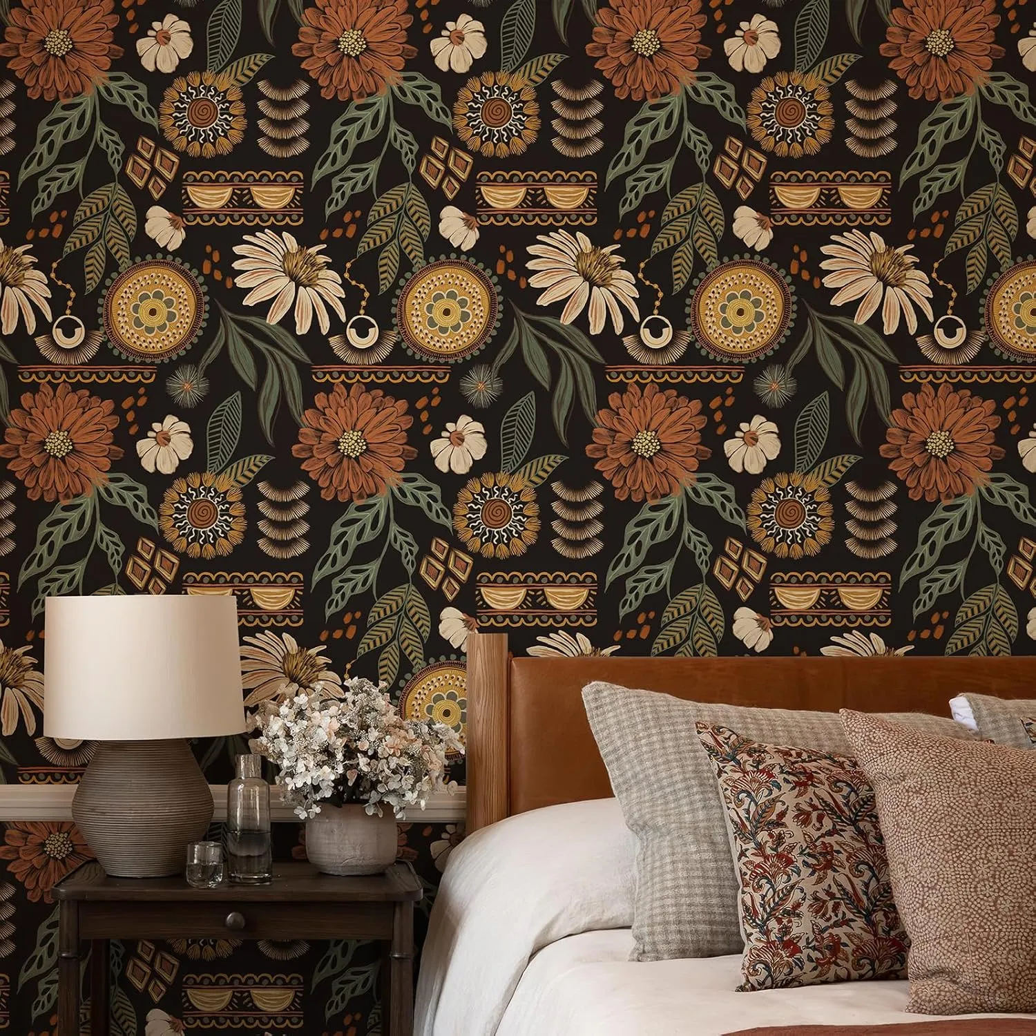 Simon&Siff Boho Wallpaper Peel and Stick, 17.3'' x 240" Sun Floral Retro Removable Contact Paper Dark Botanical Flowers Wall Mural for Decorative Bedroom Bathroom Home Wall