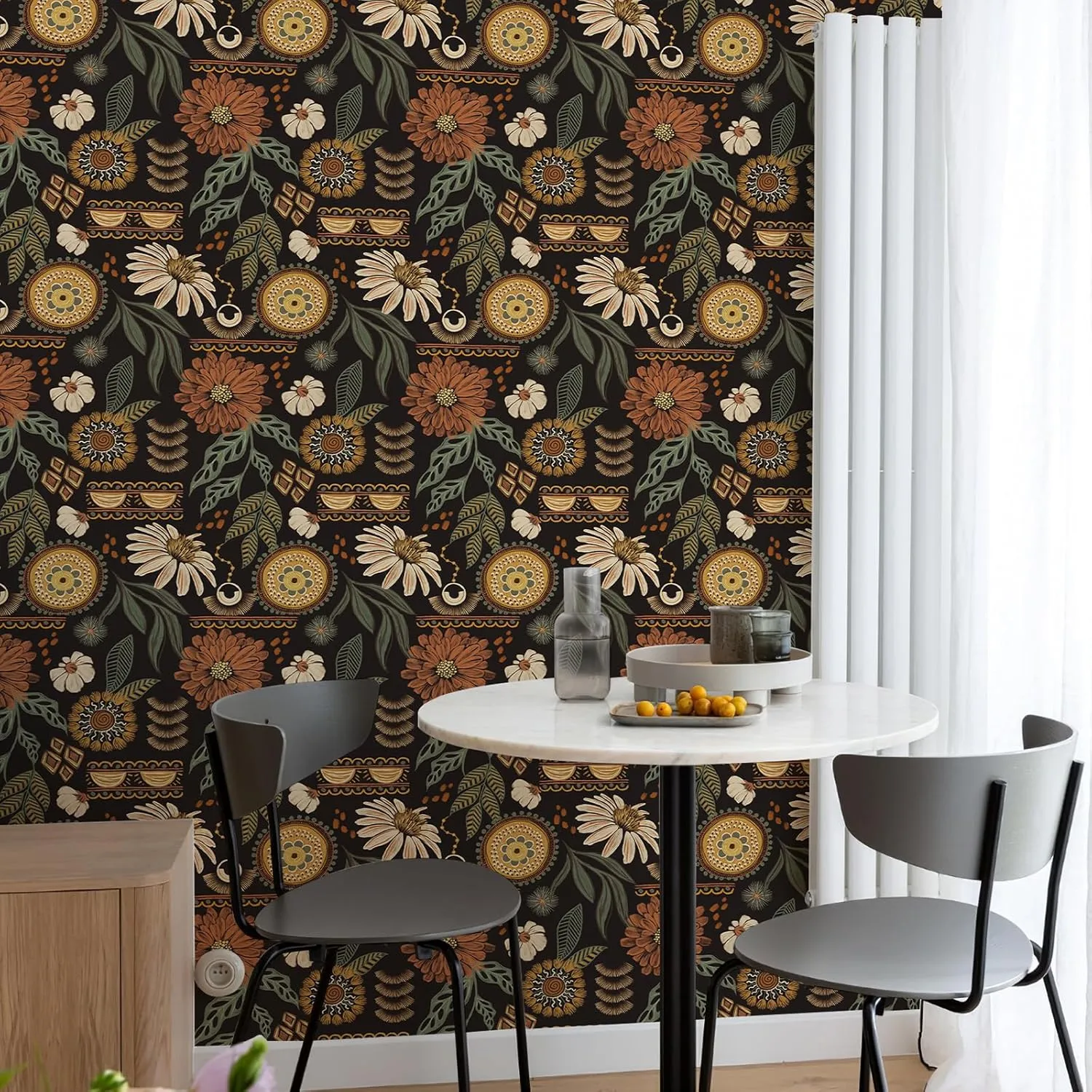 Simon&Siff Boho Wallpaper Peel and Stick, 17.3'' x 240" Sun Floral Retro Removable Contact Paper Dark Botanical Flowers Wall Mural for Decorative Bedroom Bathroom Home Wall