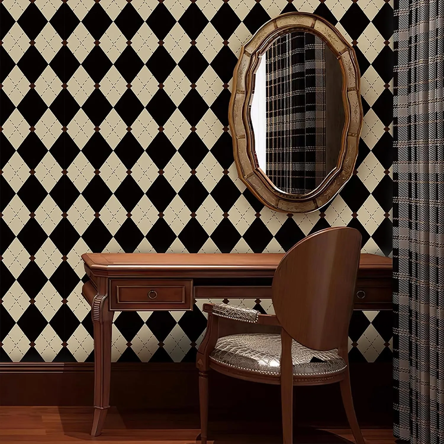 Simon&Siff Retro Peel and Stick Wallpaper Black and White Wallpaper Vintage Plaid British Geometric Wall Paper for Bathroom Kitchen Cabinet Contact Paper 17.3"x394"