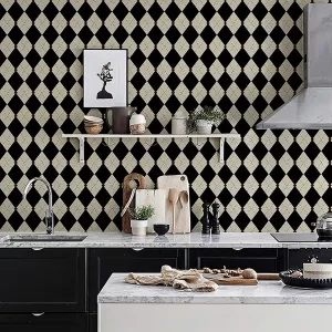 Simon&Siff Retro Peel and Stick Wallpaper Black and White Wallpaper Vintage Plaid British Geometric Wall Paper for Bathroom Kitchen Cabinet Contact Paper 17.3"x394"