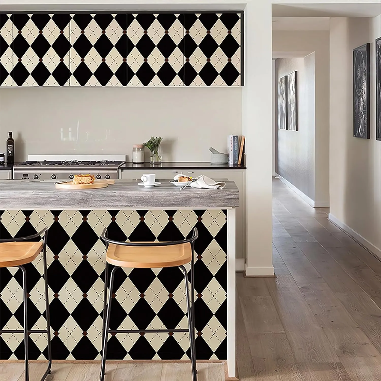 Simon&Siff Retro Peel and Stick Wallpaper Black and White Wallpaper Vintage Plaid British Geometric Wall Paper for Bathroom Kitchen Cabinet Contact Paper 17.3"x394"