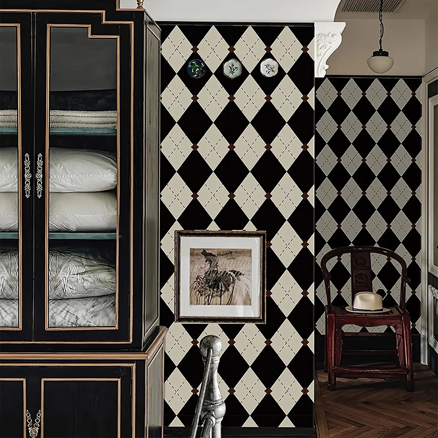 Simon&Siff Retro Peel and Stick Wallpaper Black and White Wallpaper Vintage Plaid British Geometric Wall Paper for Bathroom Kitchen Cabinet Contact Paper 17.3"x394"