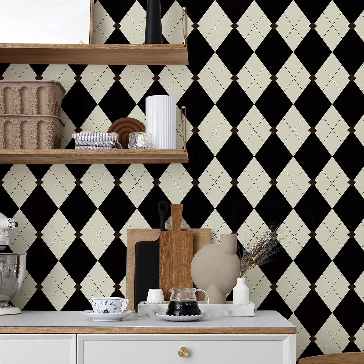 Simon&Siff Retro Peel and Stick Wallpaper Black and White Wallpaper Vintage Plaid British Geometric Wall Paper for Bathroom Kitchen Cabinet Contact Paper 17.3"x394"