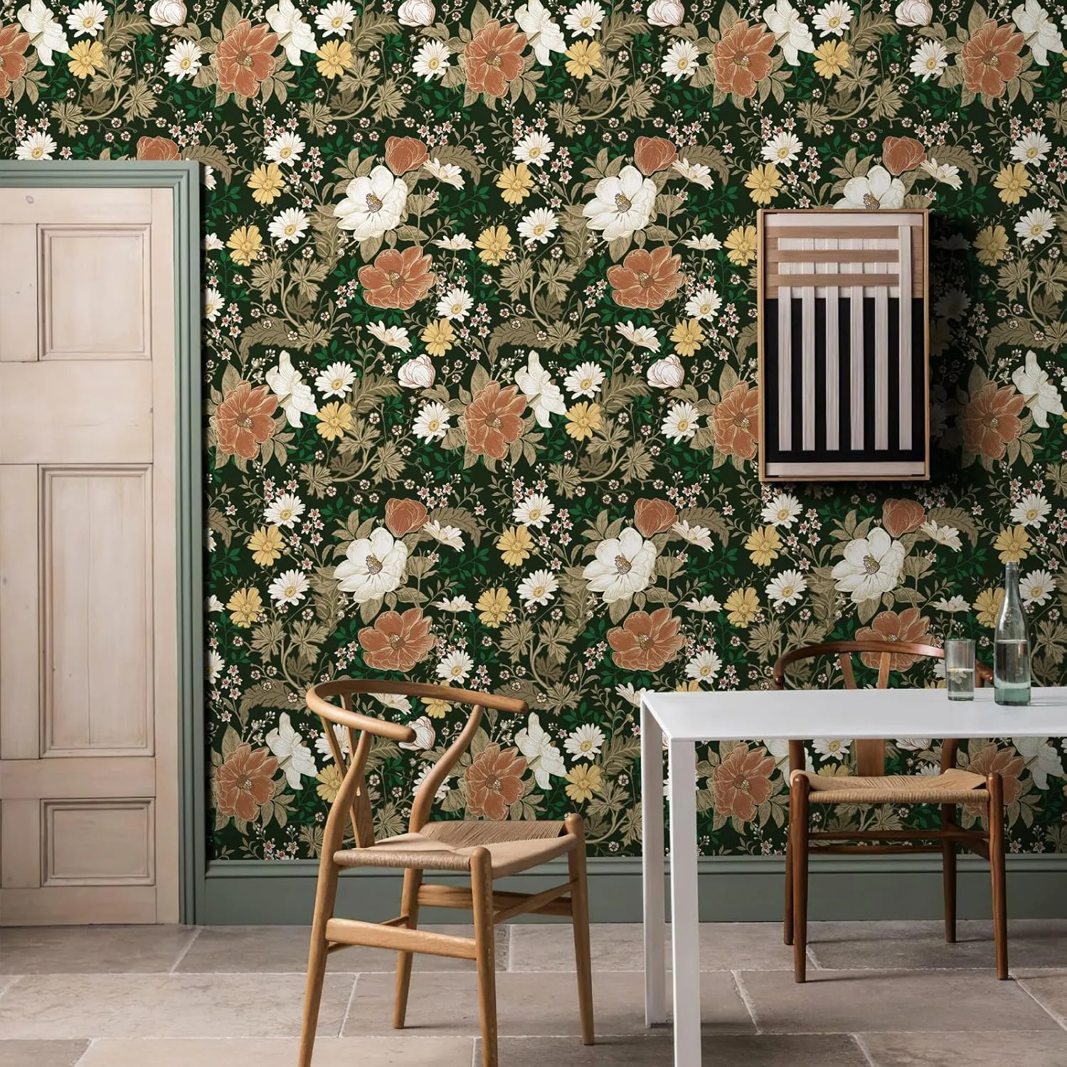 Simon&Siff Vintage Wallpaper Peel and Stick Modern Floral Wall Paper Green Leaf Farmhouse Botanical Contact Paper Removable Renter Friendly Wallpaper for Cabinets Countertop Wall 400" x 17.3"
