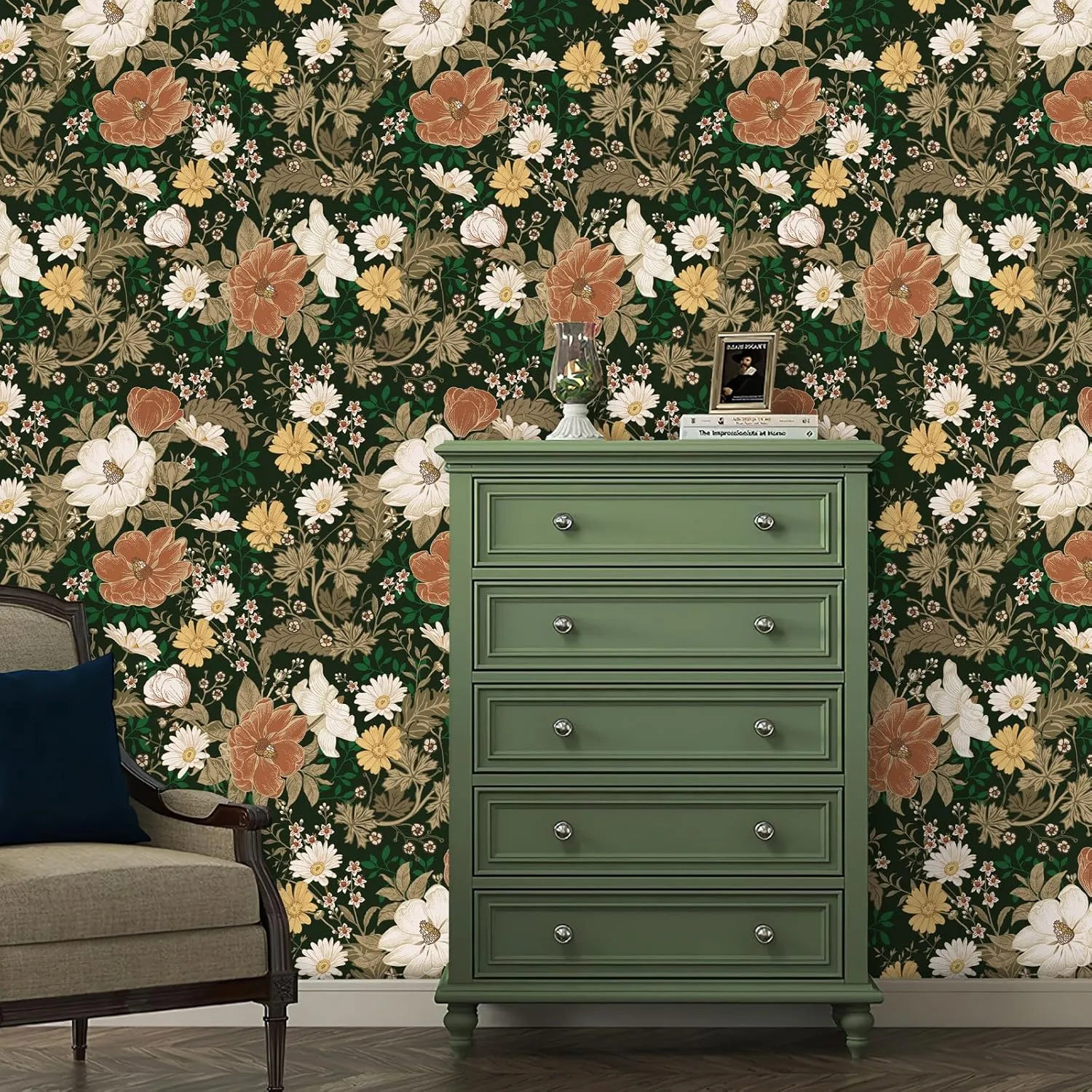 Simon&Siff Vintage Wallpaper Peel and Stick Modern Floral Wall Paper Green Leaf Farmhouse Botanical Contact Paper Removable Renter Friendly Wallpaper for Cabinets Countertop Wall 400" x 17.3"