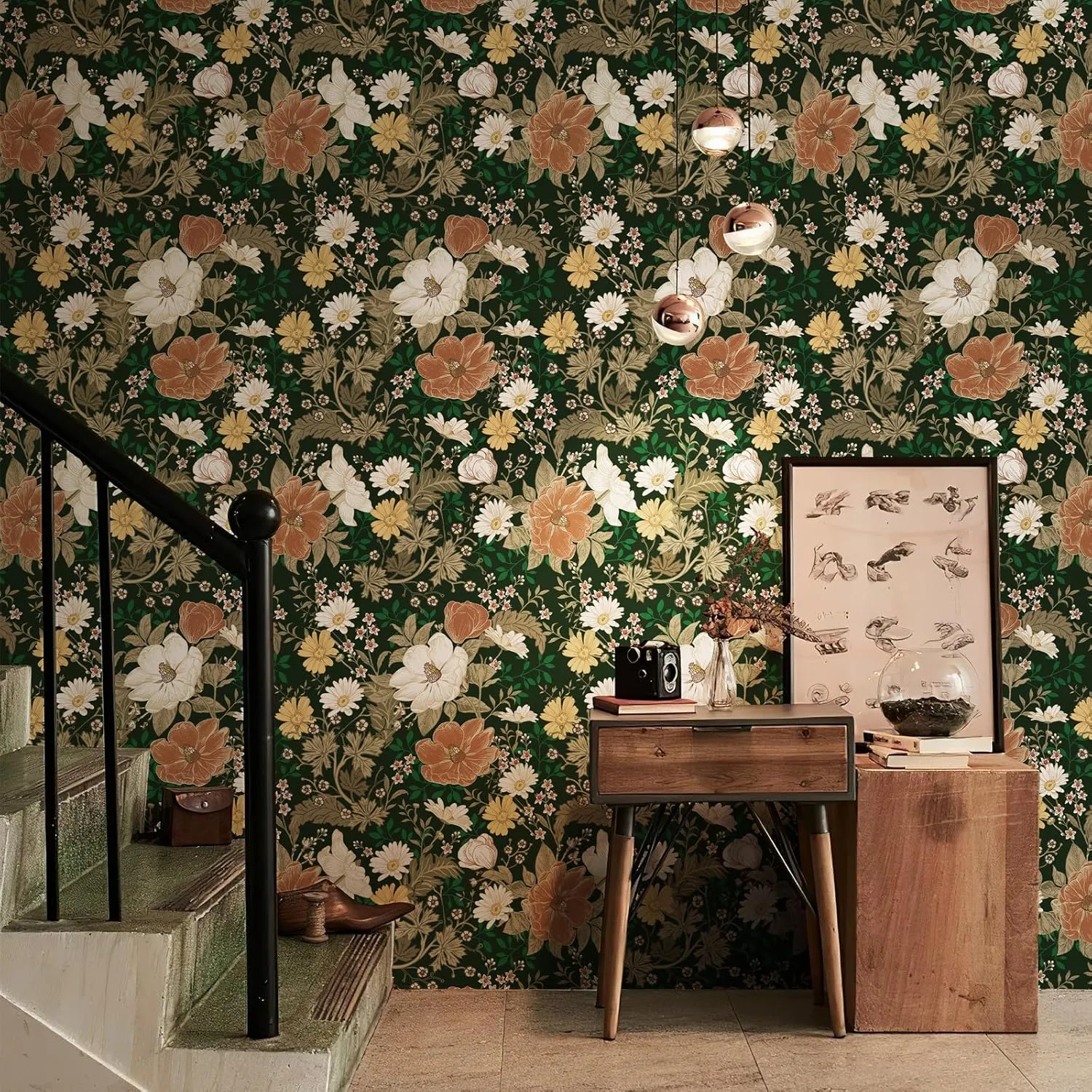 Simon&Siff Vintage Wallpaper Peel and Stick Modern Floral Wall Paper Green Leaf Farmhouse Botanical Contact Paper Removable Renter Friendly Wallpaper for Cabinets Countertop Wall 400" x 17.3"