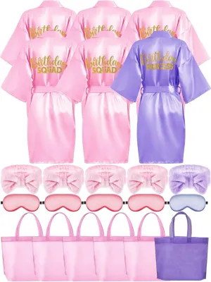 Sintuff 24 Pcs Kids Spa Party Supplies for Girls 6 Spa Party Robes 6 Tote Bags 6 Headbands 6 Eye Masks(Size 14,Purple Birthday)