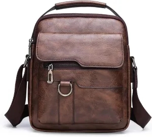 Small Leather Messenger Shoulder Crossbody Bag for Mens Travel Office Business Adjustable Strap (Dark Brown)