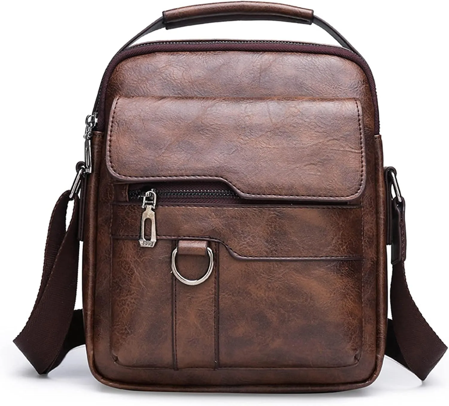 Small Leather Messenger Shoulder Crossbody Bag for Mens Travel Office Business Adjustable Strap (Dark Brown)