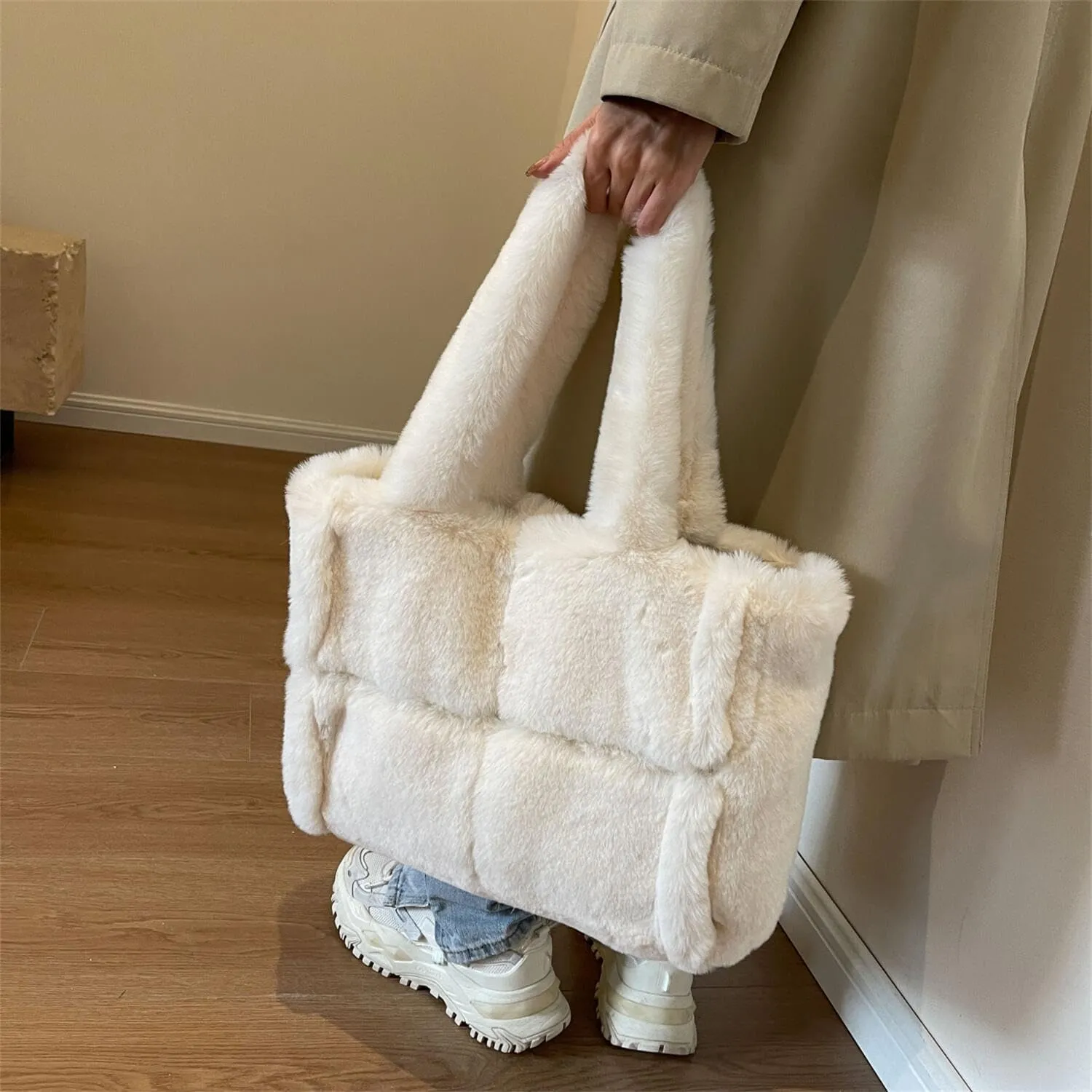 Soft Faux Fur Large Shoulder Tote Bag for Women Plush Handbag and Purse Furry Top Handle Bag