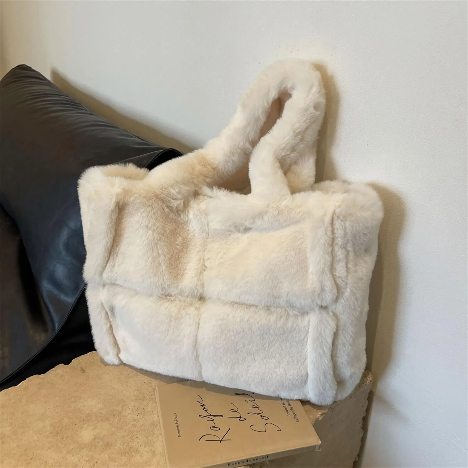 Soft Faux Fur Large Shoulder Tote Bag for Women Plush Handbag and Purse Furry Top Handle Bag
